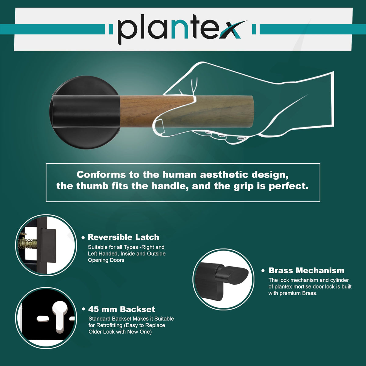 Plantex Main Door Lock/Mortise Lock for Door with 3 Years of Warranty - Robust Door Lock for Home with Brass Lock Body & Cylinder (Black & Wood Finish)-5
