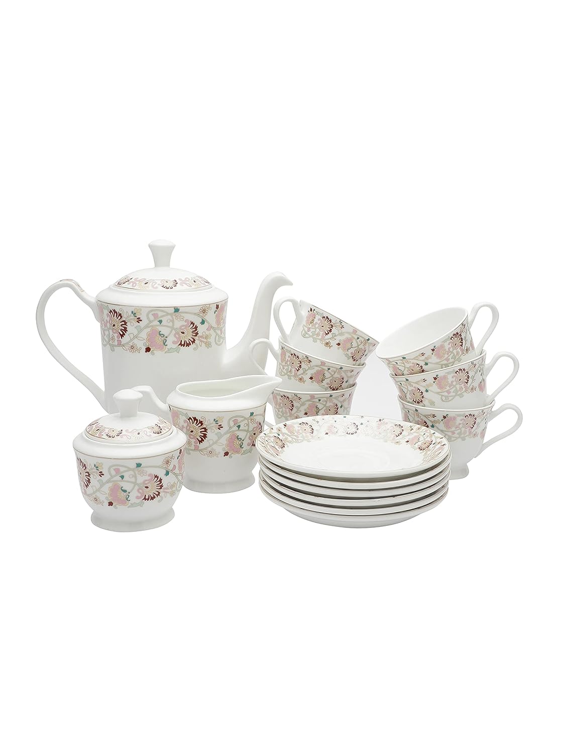 Clay Craft Fine Ceramic Tea Set of 15 (1 Tea Pot with Lid +6 Cups+6 Saucers +1 Milk Pot + 1 Sugar Pot) Can be Gifted to Any Ocassion to Your Loved Ones (Design 1 - Floral)