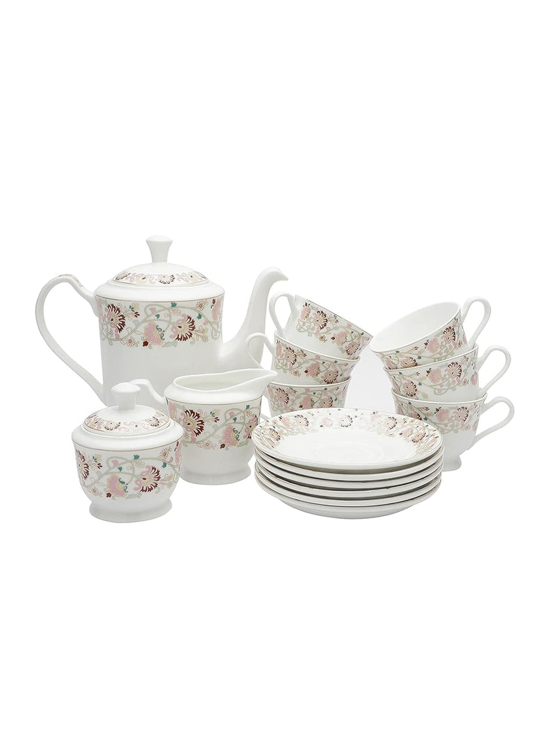 Clay Craft Fine Ceramic Tea Set of 15 (1 Tea Pot with Lid +6 Cups+6 Saucers +1 Milk Pot + 1 Sugar Pot) Can be Gifted to Any Ocassion to Your Loved Ones (Design 1 - Floral)