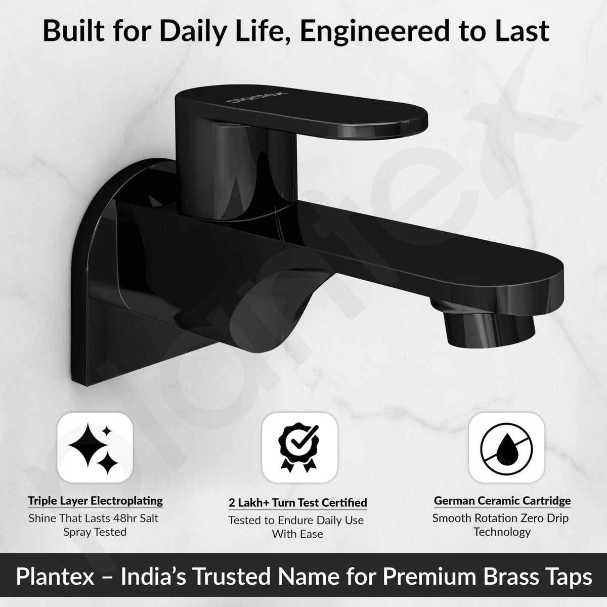 Plantex Pure Brass ORN-202 Long Body Bib Cock for Bathroom with Water Saving Aerator/Wall Mount BibTap with Wall Flange for Bathroom-7 Year Warranty (PVD Black)-2