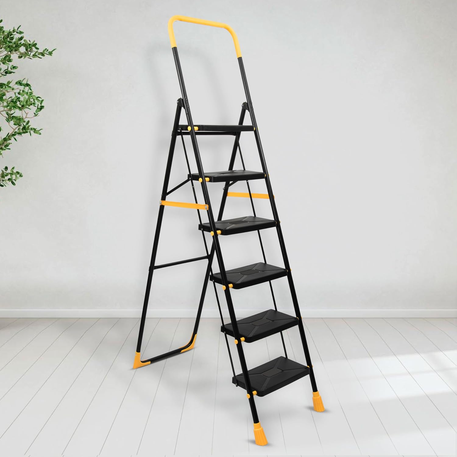 Plantex Premium Steel 6 Step Foldable Ladder for Home use/Heavy Duty Ladder for Home with Anti Slip Steps and PVC Shoes/Portable ladders with Knee Guard Protection (Yellow & Black)
