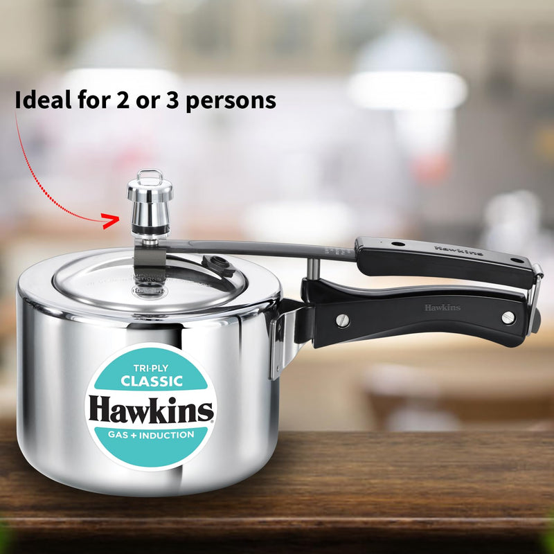 Hawkins Triply 2 Litre Classic Pressure Cooker, Triply Stainless Steel Induction Inner Lid & Small Cooker, Silver (SSTCL20)