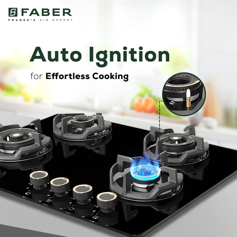 Faber 70Cm 4 Burner Hybrid Hob/Cooktop|Auto Ignition|Brass Burner|Cast Iron Pan Support|Glass Matt Finish|Metal Knob|1 Y