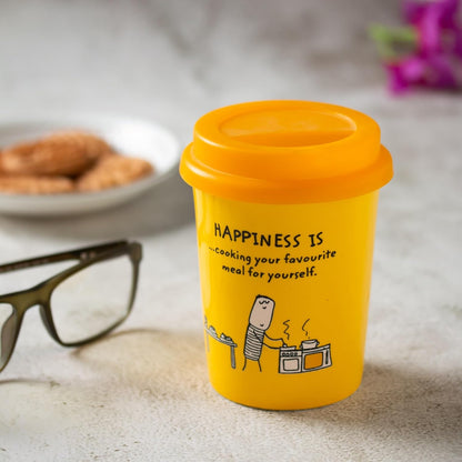 Clay Craft Happiness is Fine Ceramic Portable Travel Mug with Leak Proof Lid - Reusable Coffee Cup with Lid for Hot/Cold Drinks - 350 ml - Set of 2 (Yellow)