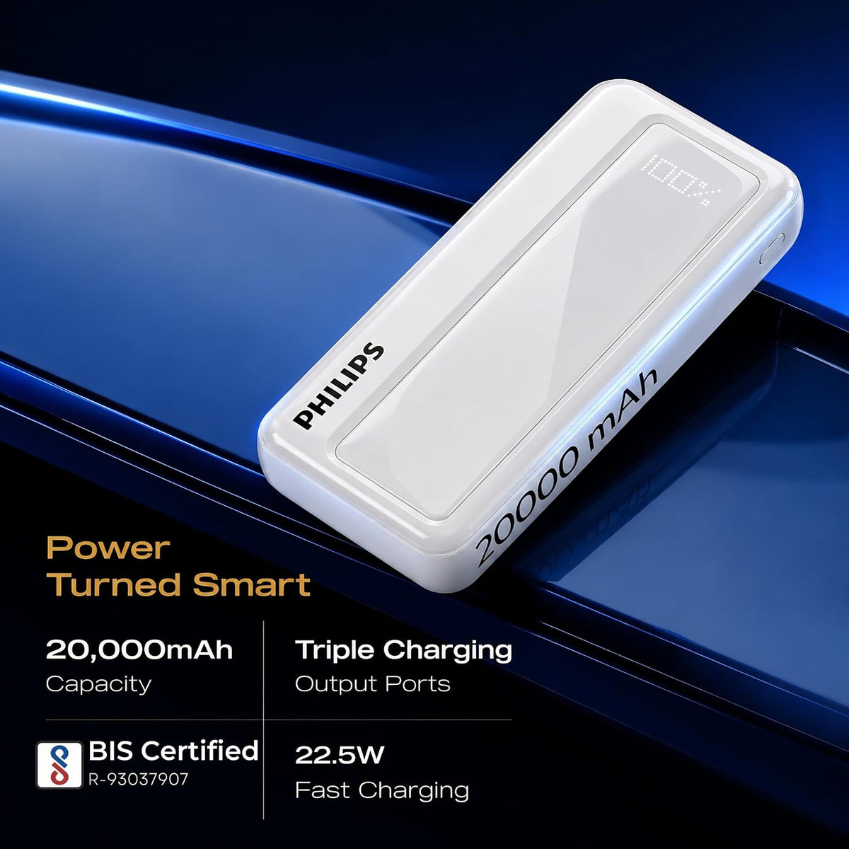 Philips 20000mAh 22.5W Fast Charging Power Bank (Alba White) with Digital LED Display