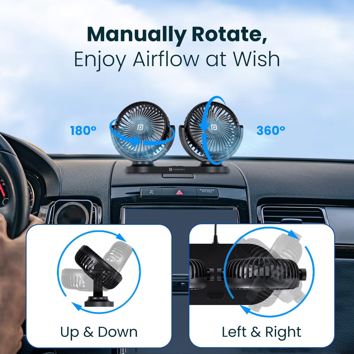 Portronics Twin Cool Dual Head USB Powered Portable Fan (Black)