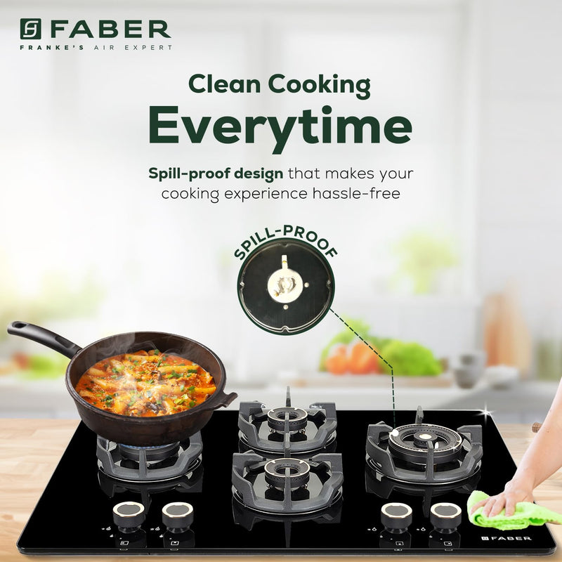 Faber 75Cm 4 Burner Hob|Auto Ignition|Built-In Or Hobtop|Flame Failure Device|Cast Iron Pan Support|Glass Finish|Metal K