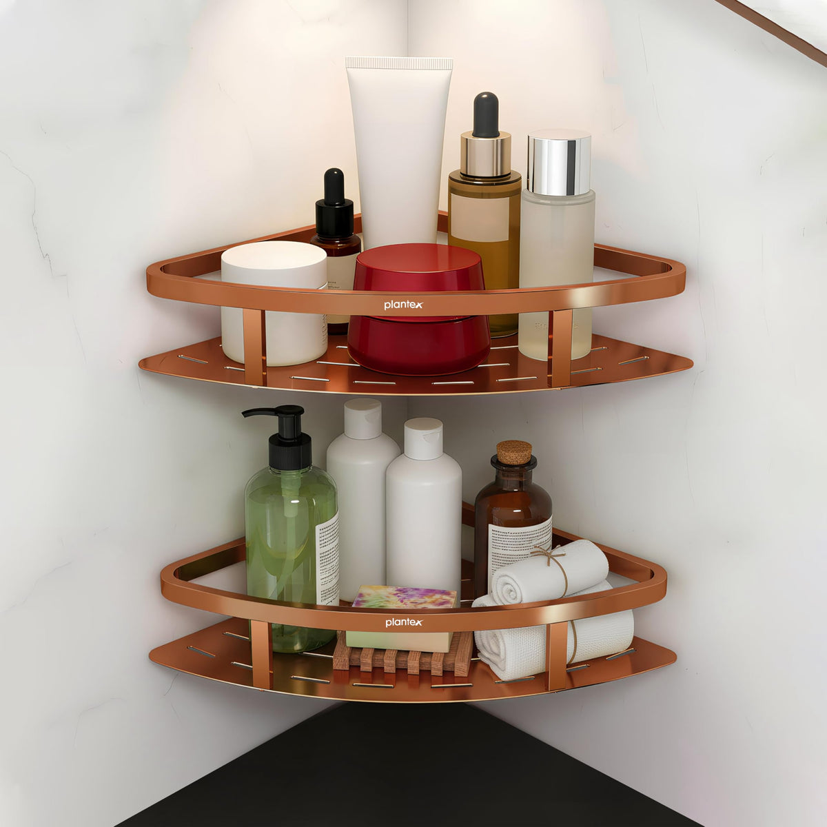 Plantex Corner Shelf for Bathroom Wall/304 Grade Stainless Steel Bathroom Corner Shelf Rack/Bathroom Shelf Organizer/Multipurpose Bathroom Accessories Set -Pack of 2 (PVD Rose Gold,9x9 Inches)-1