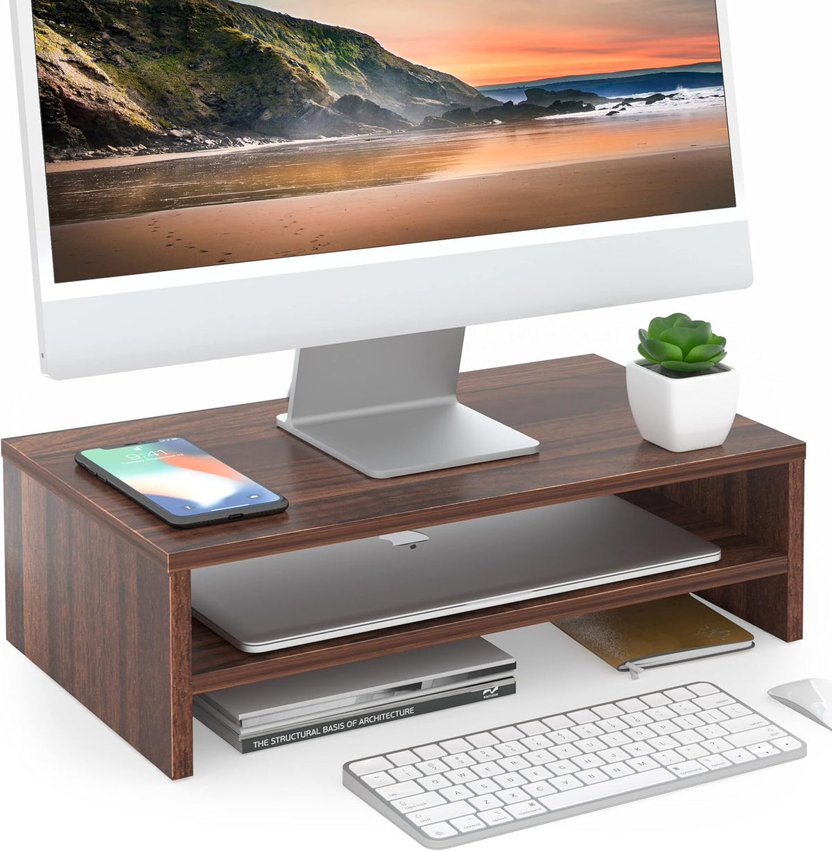 Sheesham Wood Monitor Stand - 2 Tier Computer Riser, Ergonomic Desk Organizer for Laptop Screen, Office Supplie