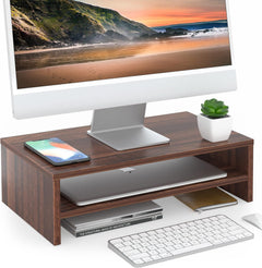 Sheesham Wood Monitor Stand - 2 Tier Computer Riser, Ergonomic Desk Organizer for Laptop Screen, Office Supplie