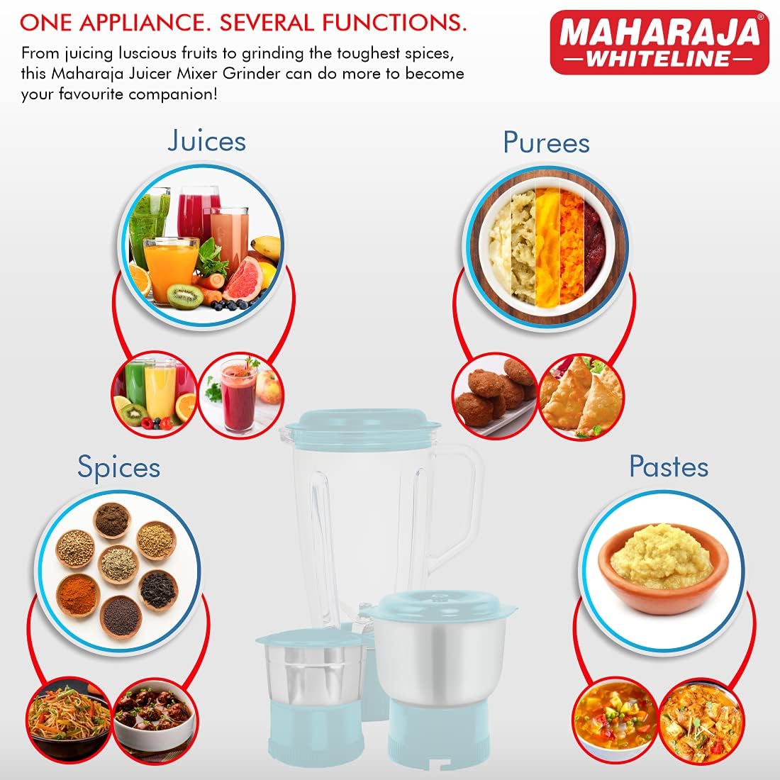 Maharaja Whiteline Odacio Prime Juicer Mixer Grinder with 3 Jars, Motor, Superior Stainless Steel Mesh, High Grade Plastic Lid for More Durability, 2 Year Warranty (Blue & White)