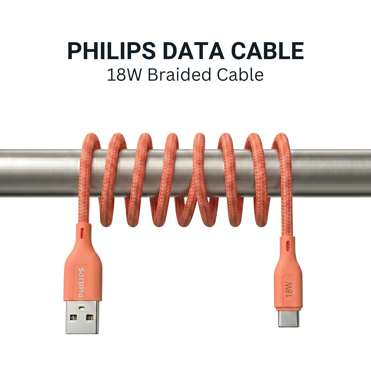 Philips DLC4160AR/94 18W Type-A to Type-C Fast Charging Cable (2m, Coral Reef)
