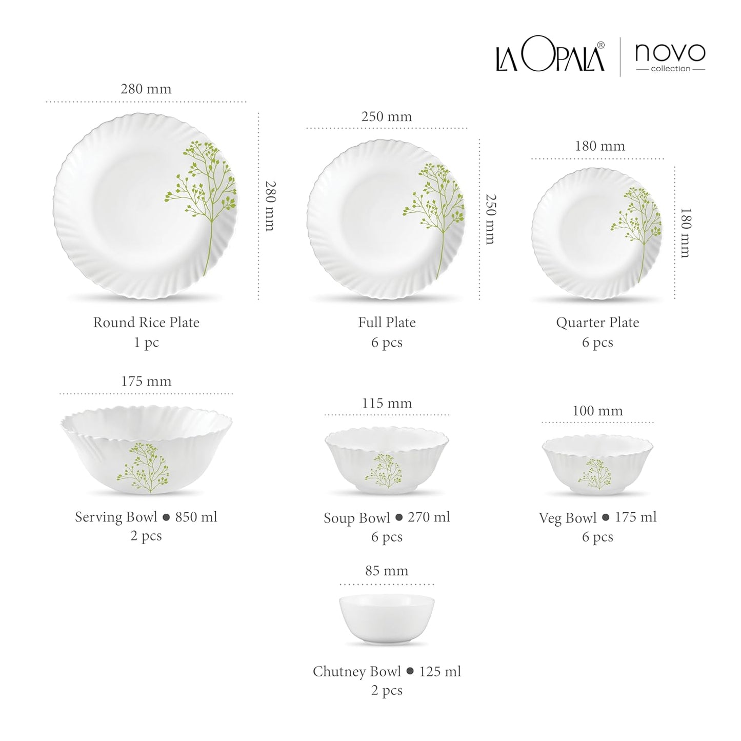 La Opala Novo Collection Opal Glass Crockery | for Family of 6 | Dinner Set 29 pcs Trinty Green | Plates & Bowls for Dining | Microwave Safe | 100% Vegetarian | Extra Strong | Light & White