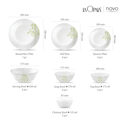 La Opala Novo Collection Opal Glass Crockery | for Family of 6 | Dinner Set 29 pcs Trinty Green | Plates & Bowls for Dining | Microwave Safe | 100% Vegetarian | Extra Strong | Light & White