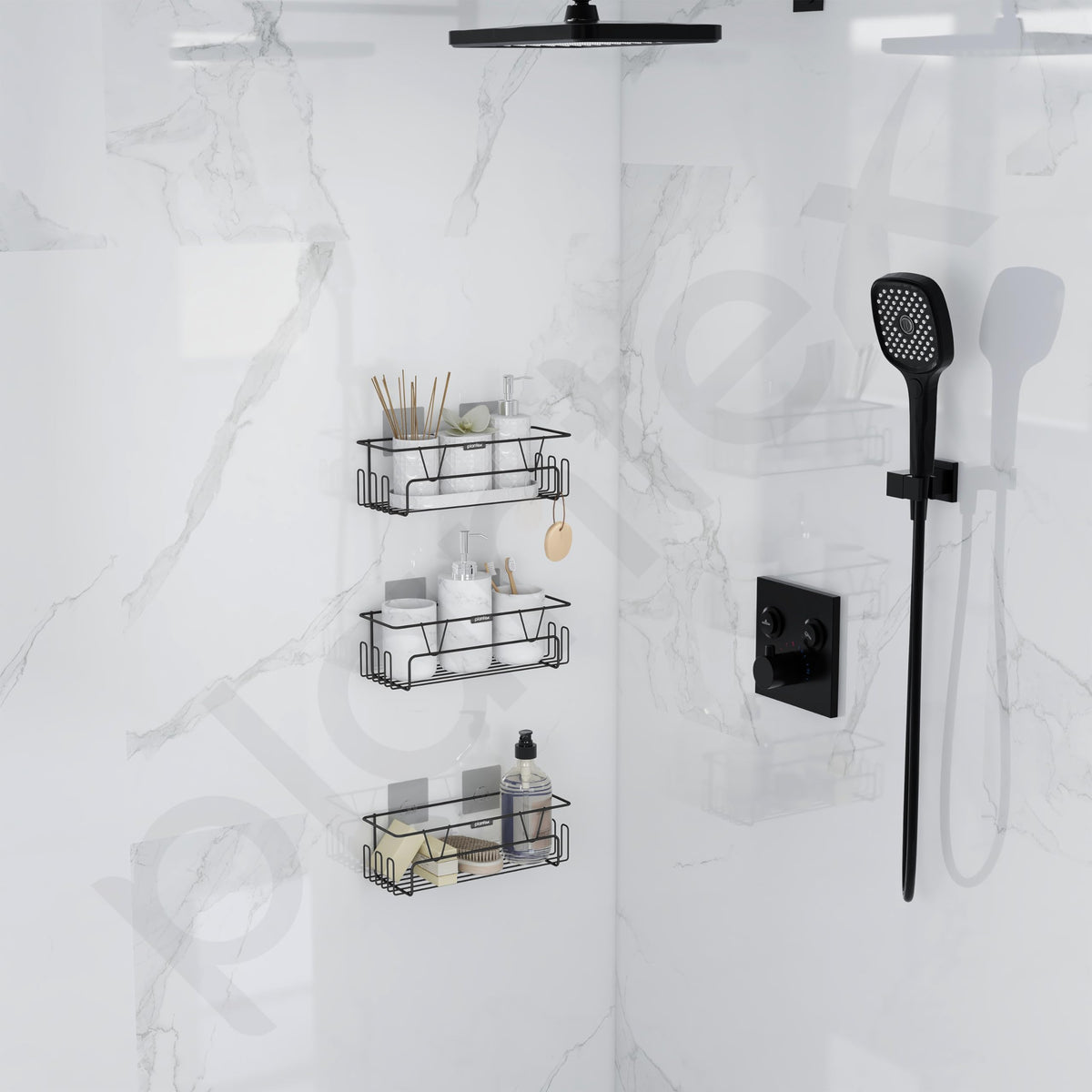 Plantex Bathroom Organiser Without Drill/Self Adhesive Bathroom Shelf for Wall/GI Steel Rack with Side Hooks & Magic Sticker/Bathroom Accessories Set (Black, Powder Coated) - Pack of 3-2