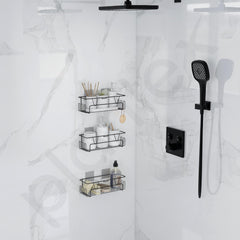 Plantex Bathroom Organiser Without Drill/Self Adhesive Bathroom Shelf for Wall/GI Steel Rack with Side Hooks & Magic Sticker/Bathroom Accessories Set (Black, Powder Coated) - Pack of 3-2