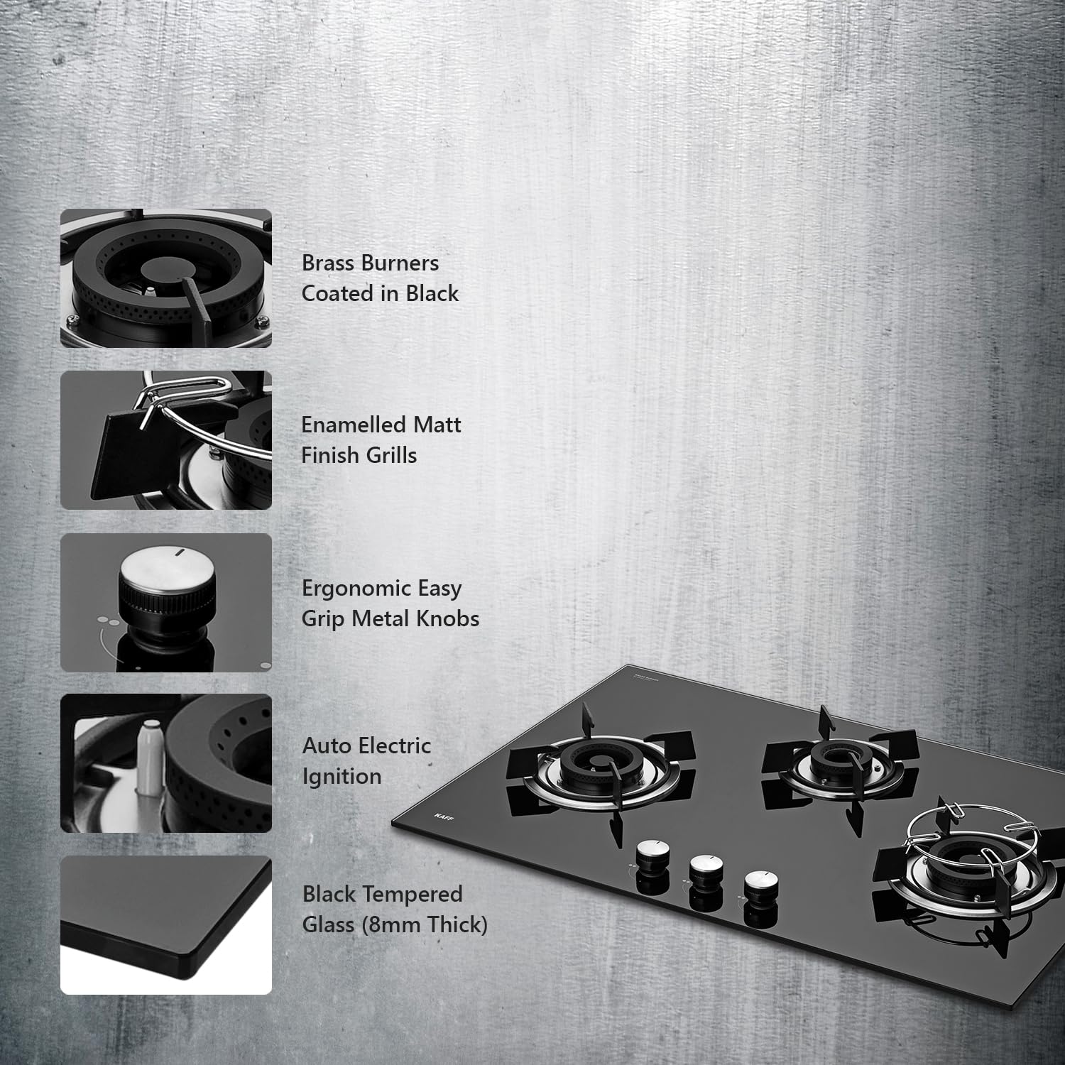 KAFF HBR 783 Built-in Hob/Hobtop 3 Burners, Auto Electric Ignition Glass Top, 78 CM, Powerful Brass Burners, 8 MM Thick Toughened Glass, Enamelled Matt Grills (Black)