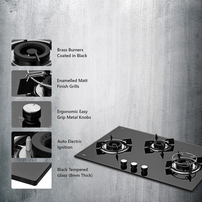 KAFF HBR 783 Built-in Hob/Hobtop 3 Burners, Auto Electric Ignition Glass Top, 78 CM, Powerful Brass Burners, 8 MM Thick Toughened Glass, Enamelled Matt Grills (Black)