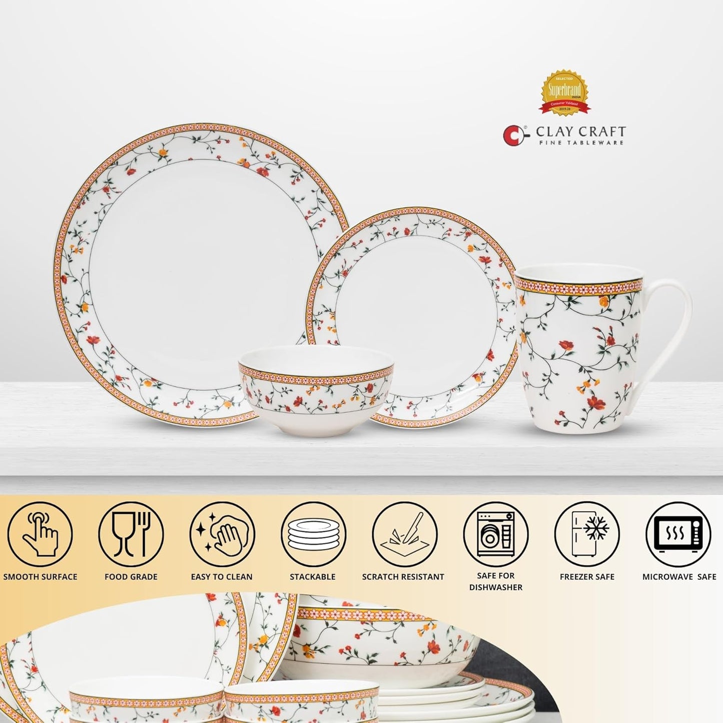 Clay Craft Fine Ceramic Eco Dinner Set, Enchanting Gold, for Family of 4, Dinner Set Ceramic, Crockery Set, Dining Set for Dinner, Crockery Set for Gift, Kitchen Set (ECO1, 16 Pieces)