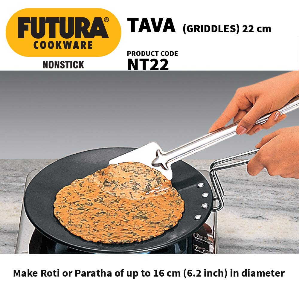 Hawkins Futura 22 cm Tava, Non Stick Tawa with Stainless Steel Handle, Black (NT22).