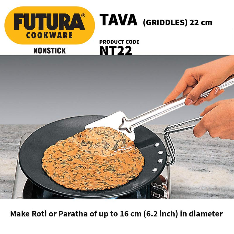 Hawkins Futura 22 cm Tava, Non Stick Tawa with Stainless Steel Handle, Black (NT22).