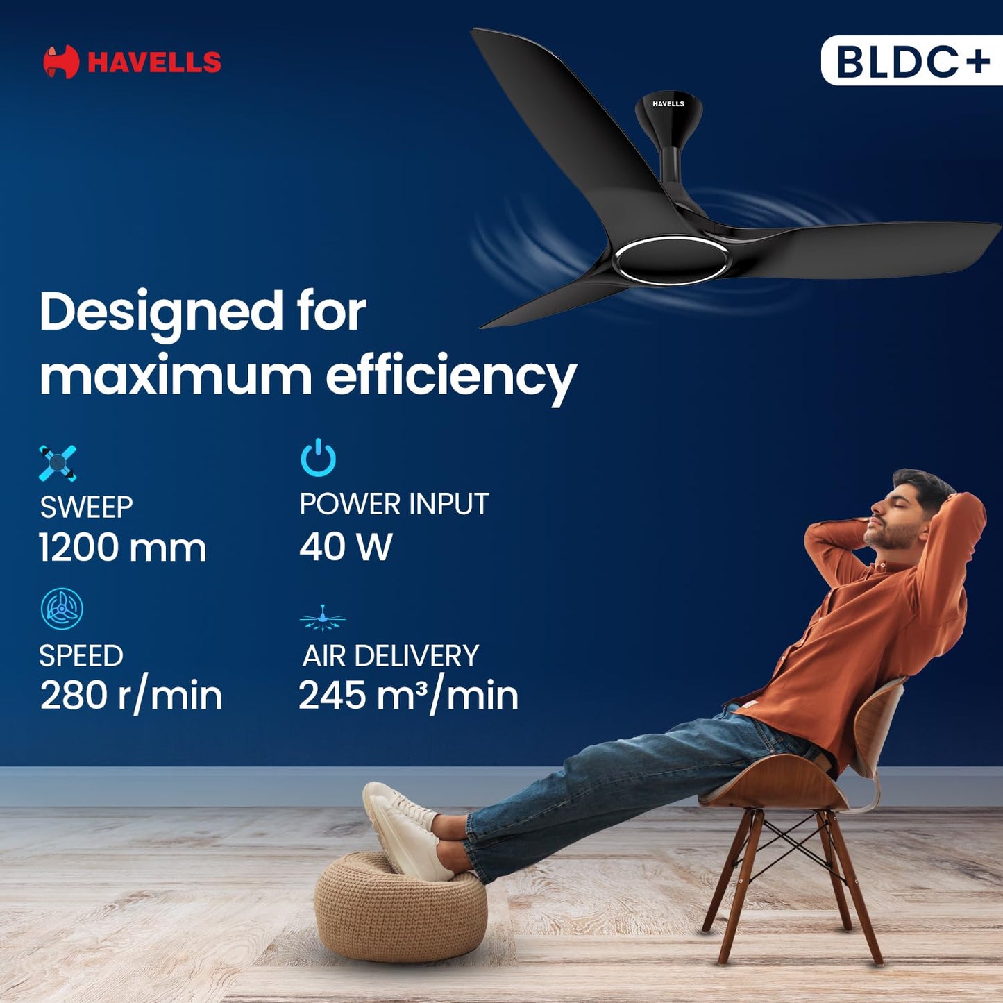 Havells 1200mm Stealth BLDC Ceiling Fan | Voice Controlled, Remote Controlled, High Air Delivery Fan, 5 Star Rated | Upto 60% Energy Saving, 2 Year Warranty | (Pack of 1, Mettalic Black)