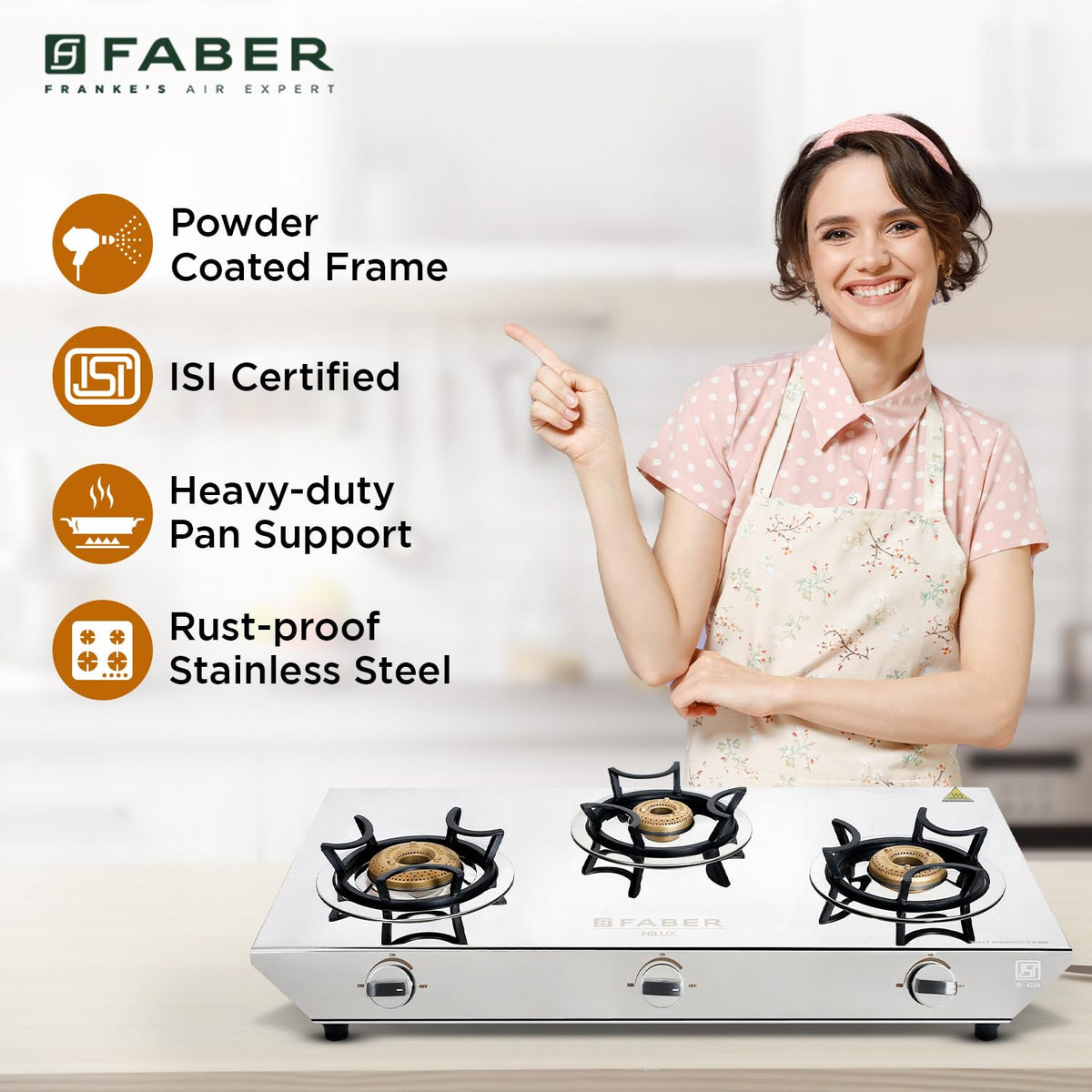 Faber Hilux 3 Burner SS Gas Stove | 1 Jumbo + 1 Medium + 1 Small | Anti-Skid Legs | Drip Tray | 360° Nozzle | Nylon Knob