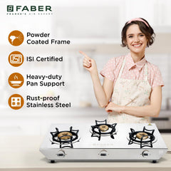 Faber Hilux 3 Burner SS Gas Stove | 1 Jumbo + 1 Medium + 1 Small | Anti-Skid Legs | Drip Tray | 360° Nozzle | Nylon Knob