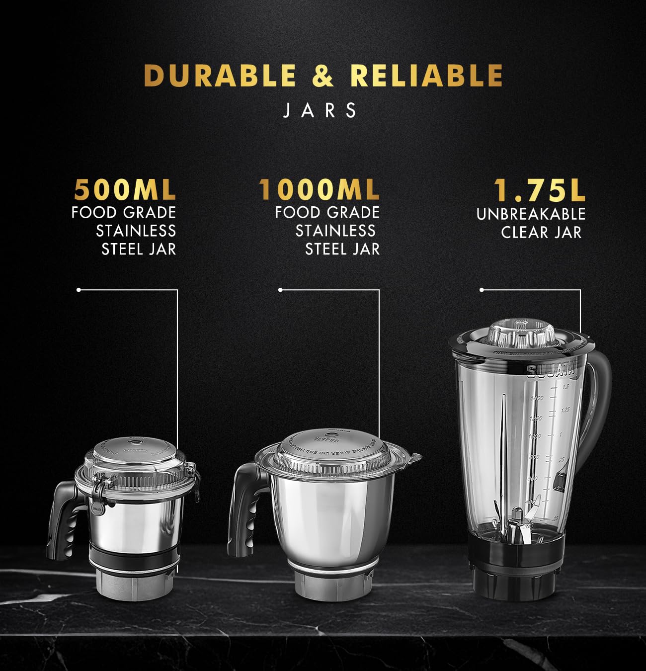 Sujata MG01 Mixer Grinder | 1000 Watts Double Ball Bearing Motor | 24000 RPM | Non-Stop 90 Mins Running | 3 Jars including 1750ml Blender, 1000ml Grinder, 500ml Chutney Jar | Red & Black