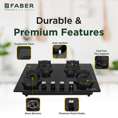 Faber 4 Burner 90cm Eros Hob |Auto-Ignition|Metal Knobs| Cast Iron Pan Support |Hob/Cooktop Hybrid| Black Glass Finish |