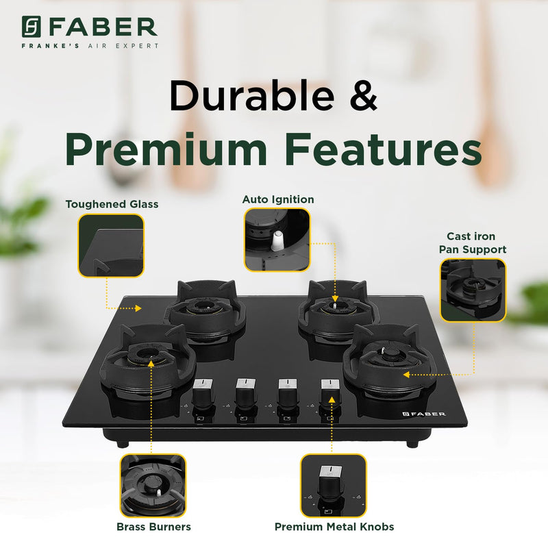 Faber 4 Burner 90cm Eros Hob |Auto-Ignition|Metal Knobs| Cast Iron Pan Support |Hob/Cooktop Hybrid| Black Glass Finish |