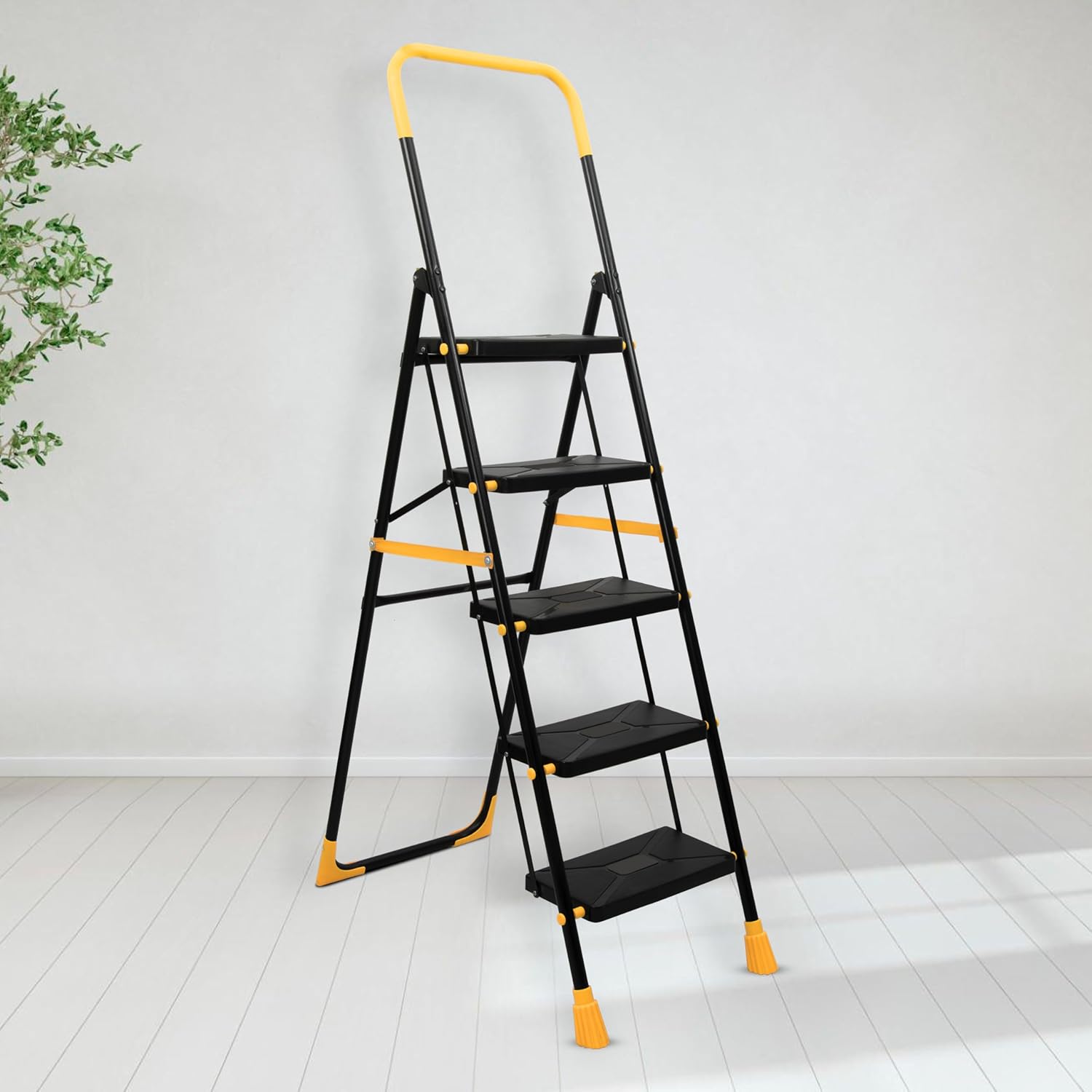 Plantex Premium Steel 5 Step Foldable Ladder for Home use/Folding Step Ladder with Anti Slip Steps and PVC Shoes/Portable ladders with Knee Guard Protection (Yellow & Black)