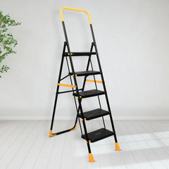 Plantex Premium Steel 5 Step Foldable Ladder for Home use/Folding Step Ladder with Anti Slip Steps and PVC Shoes/Portable ladders with Knee Guard Protection (Yellow & Black)
