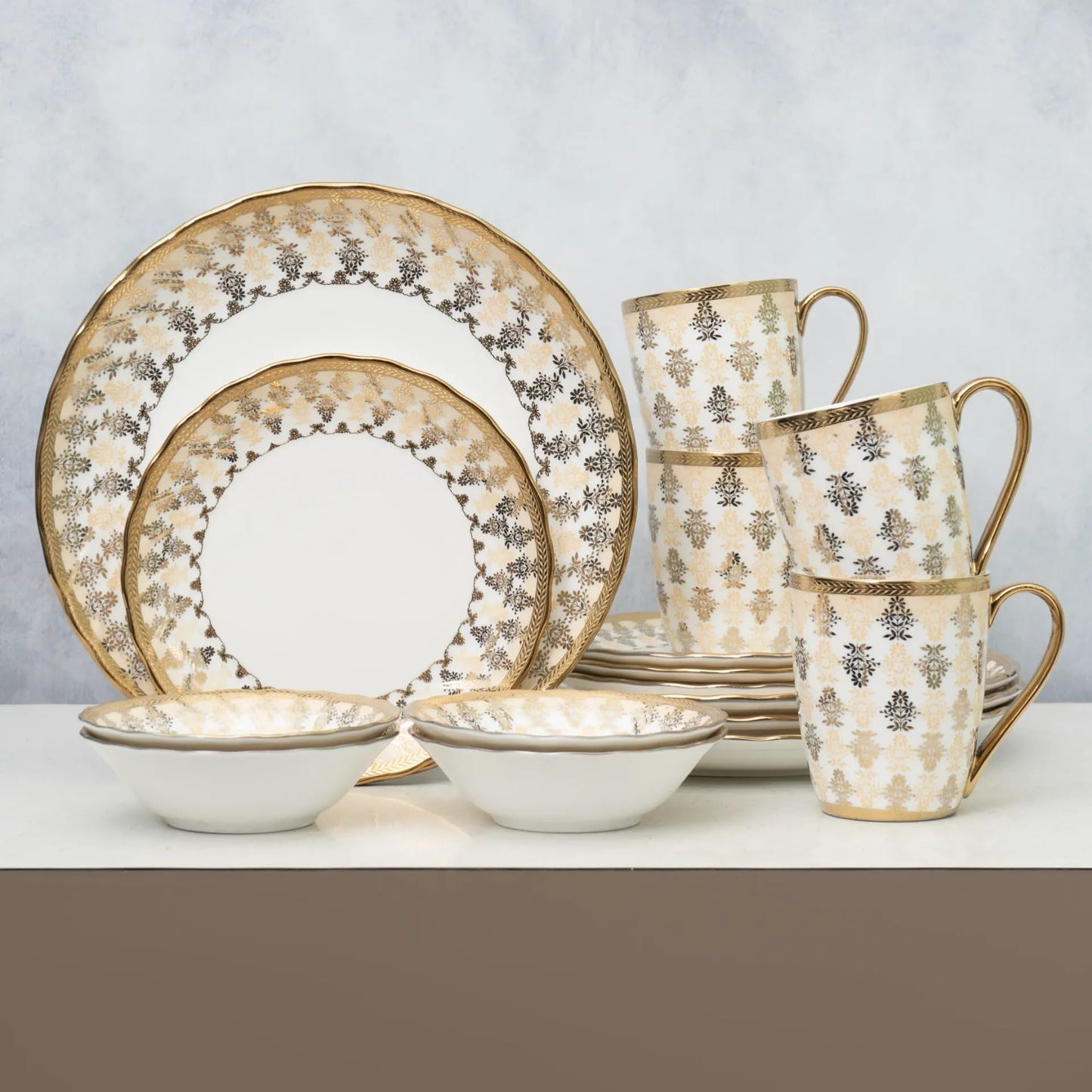 Clay Craft Fine Ceramic Georgian Ebony Floral Dinner Set (Set of 13) (E646), Enchanting Gold, for Family of 4, Dinner Set Ceramic, Dining Set for Dinner, Crockery Set for Gift, Kitchen Set for Home