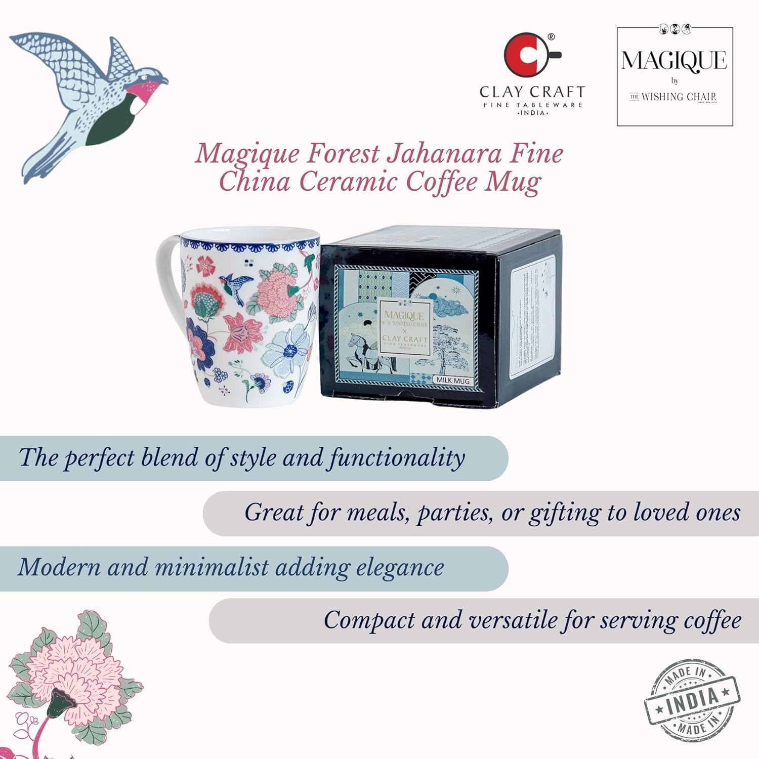 Magique by The Wishing Chair x ClayCraft : Forest Jahanara Ceramic Coffee Mug 300ml | Fine China Milk Tea Cup | Elegant Floral Mug for Home Office Gifting | Microwave & Dishwasher Safe