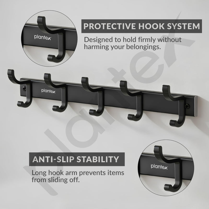 Plantex Aluminum Hook Rail with Movable Hooks for Wall/5 Hooks Hook Rail for Bathroom/Kitchen/Bath Towel Hook/Wall Hooks for Hanging - Pack of 1 (Black)-6