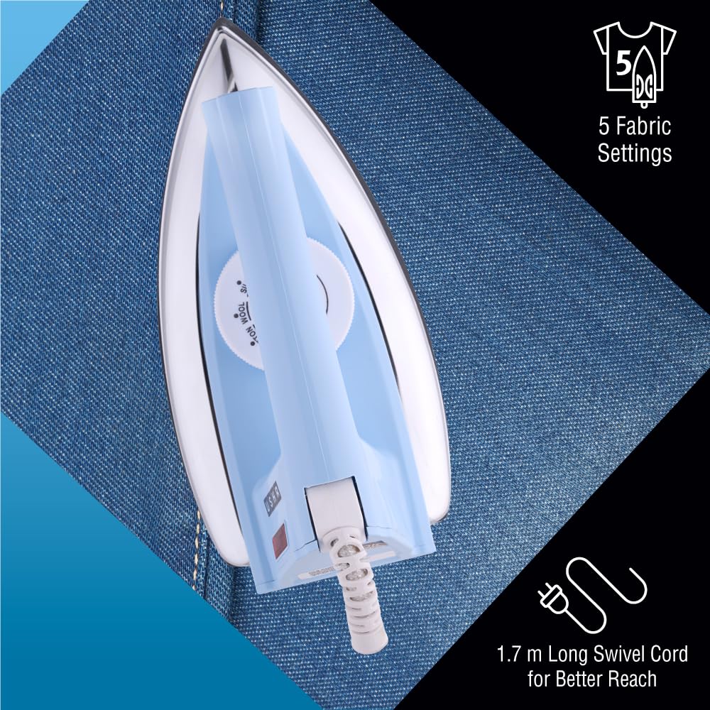 USHA EI 4175-M 750W ULTRA LIGHT WEIGHT ELECTRIC IRON WITH NON STICK PTFE COATED (BLACK WEILBURGER) SOLE PLATE, LIGHT BLUE