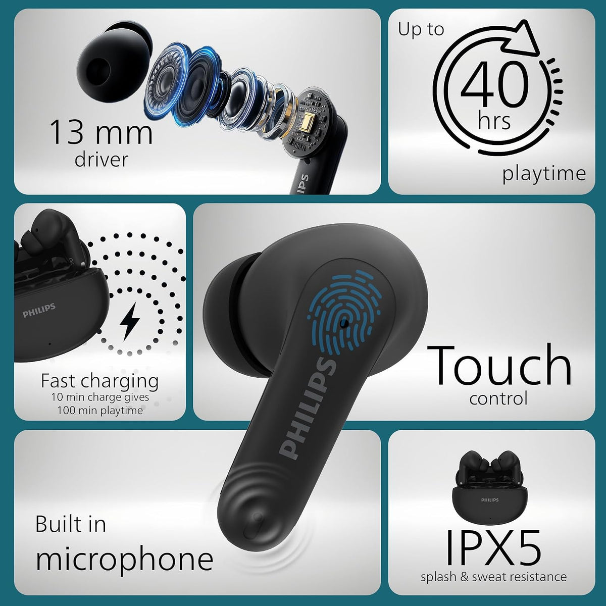 Philips TAT1269 True Wireless in-Ear Earbuds with Mic, 13mm Drivers, Bluetooth 5.4, 40H Playtime, IPX5 (TAT1269BK/94)