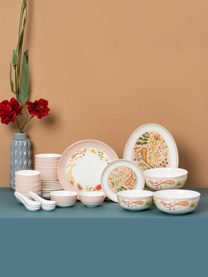 Clay Craft Fine Ceramic Dinner Set of 34 Pcs - Urmi Fiesta (Peach), for Family of 6, Dinner Set Ceramic, Crockery Set, Dining Set for Dinner, Crockery Set for Gift, Kitchen Set for Home