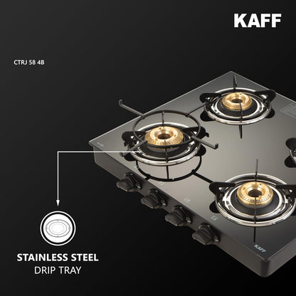 KAFF Cooktop | 4 Burners with Slim Line Design 58 CM | 1 Jumbo burner | High Efficiency Brass Burners, Black Tempered Glass | Matt Enamelled Pan Support | Black | CTRJ58-4B