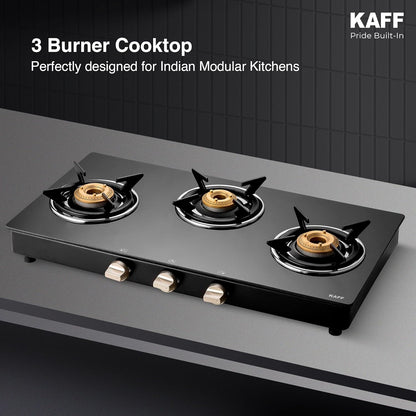 KAFF 3 Burner Gas Stove Top for Kitchen - 71CM Manual Ignition Cooktop| Modern Glass Stove for Modular Kitchen, ISI Certified & Compatible with LPG (Black)