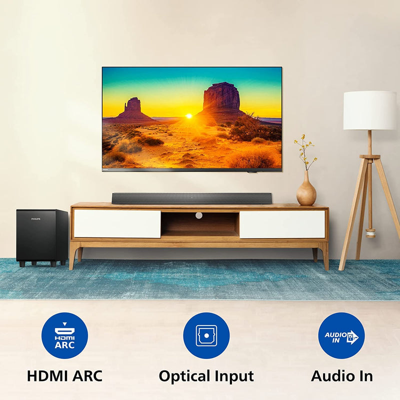 Philips Soundbar TAB5305, Wireless Subwoofer, 2.1 Channel, Bluetooth Enabled, Optical Connectivity, HDMI ARC