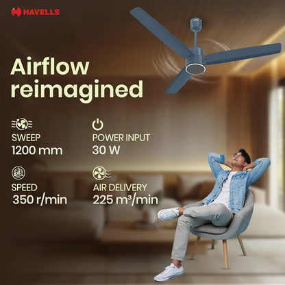 Havells FAB BLDC PRO Ceiling Fan 1200mm, 380 RPM, Savings upto 65%, Reverse Rotation, 4 Modes , Low Wattage 30W, Low Noise, Air Flow:225 CMM, 3 Year Warranty, Denim Blue