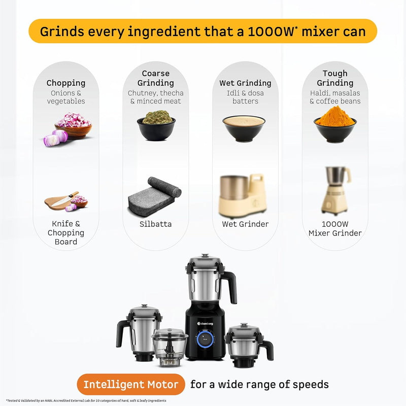 Atomberg Zenova Mixer Grinder | Unique Coarse Mode for Silbatta-like Texture | Intelligent BLDC Motor | Safety Features | 4 Jars including Chopper | Hands-Free Operation (Black)
