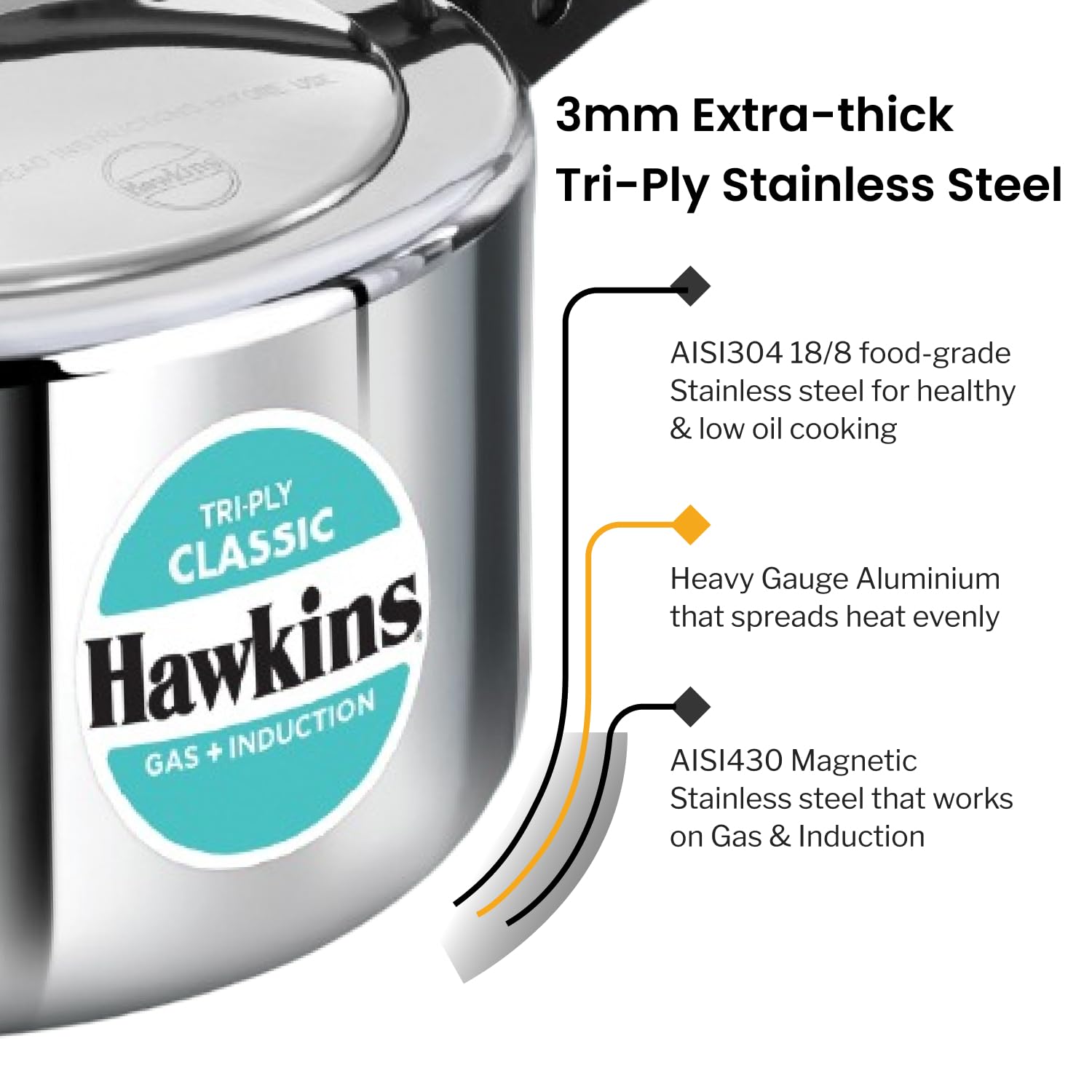 Hawkins Triply 4 Litre Classic Pressure Cooker, Triply Stainless Steel Induction Inner Lid Cooker & Tall Design, Silver (SSTCL40)