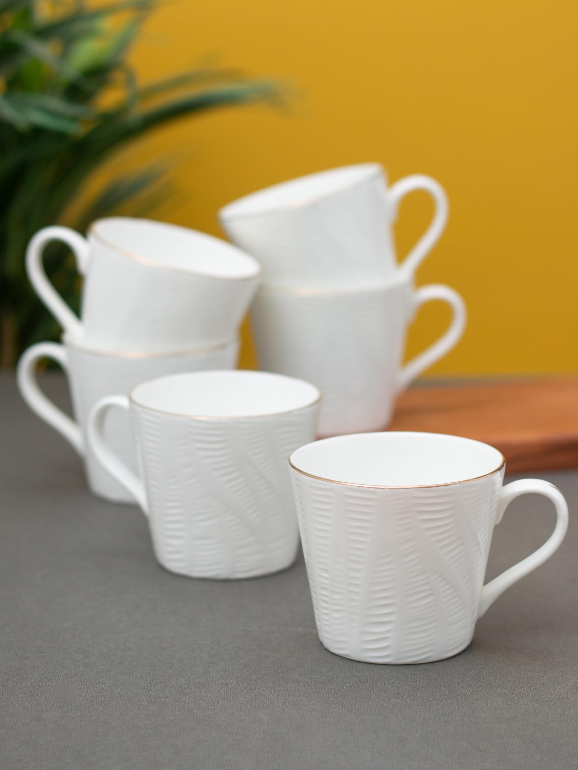 Clay Craft Ripple Impression Fine Ceramic Gold Line Coffee/Tea Mug Set of 6-180 ml Each, Tea Cup Set of 6, Mugs for Coffee, Cups Set of 6, Mug Set, Ideal for Gifting, Perfect for Home and Office