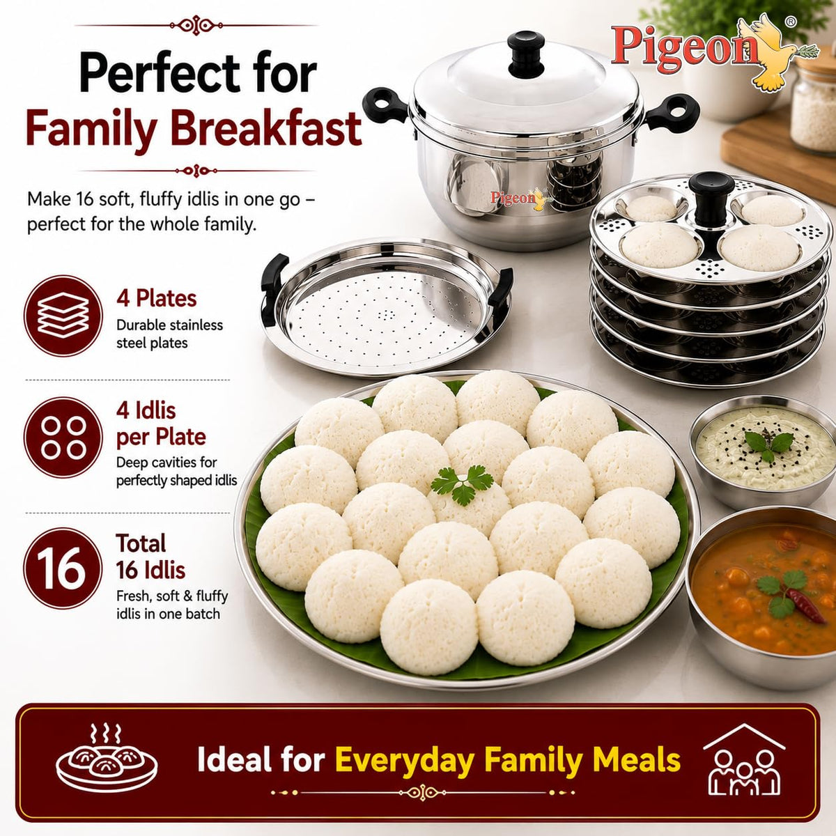 Pigeon Stainless Steel Hot 16 Idly Pot with Steamer - Silver