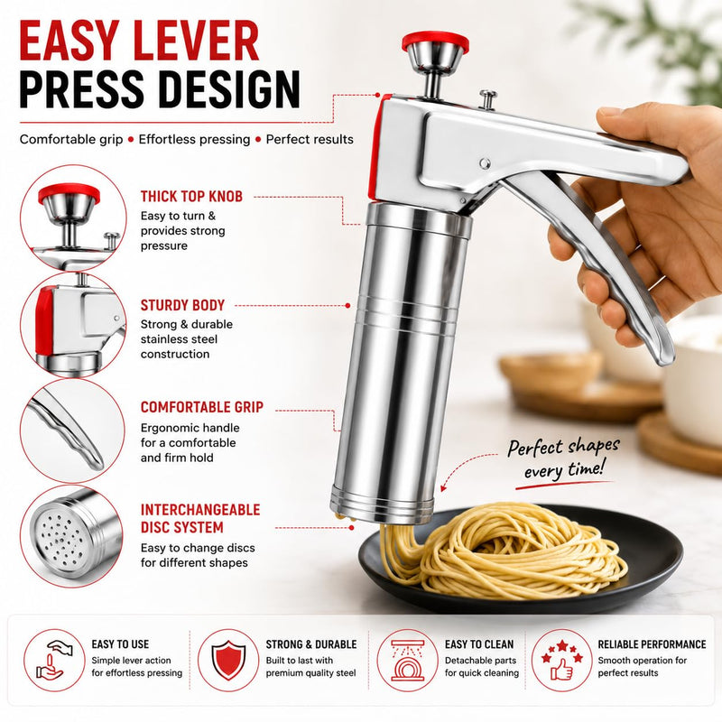 Kitchen Press Sev Sancha Machine | Murukku Maker | Chakli Maker | Idiyappam Press | Sev Bhujiya Gathiya Maker | Stainless Steel Snacks Maker for Farsan Namkeen Noodles Cookies
