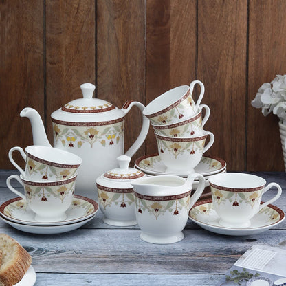 Clay Craft Fine Ceramic Tea Set of 15 (1 Tea Pot with Lid +6 Cups+6 Saucers +1 Milk Pot + 1 Sugar Pot) Can be Gifted to Any Ocassion to Your Loved Ones (Design 1 - Floral)