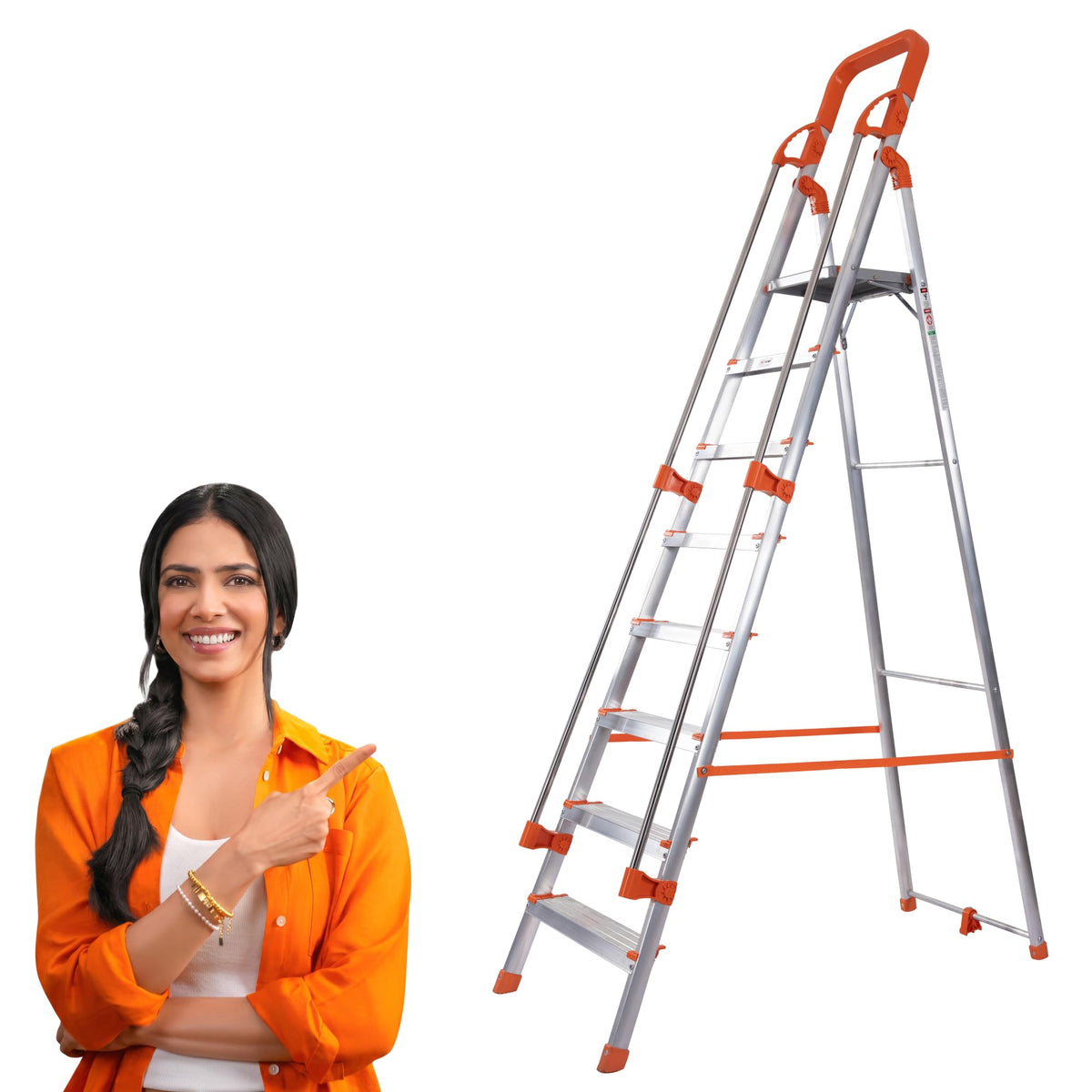 PROHOME Aluminium Ladder for Home 5 Steps Foldable with Railing & Anti-Skid Wide Steps | 5 Step Ladder for Home Use, Kitchen & Household | 250 Kg Capacity Folding Ladder | 5 Year Warranty (Orange)